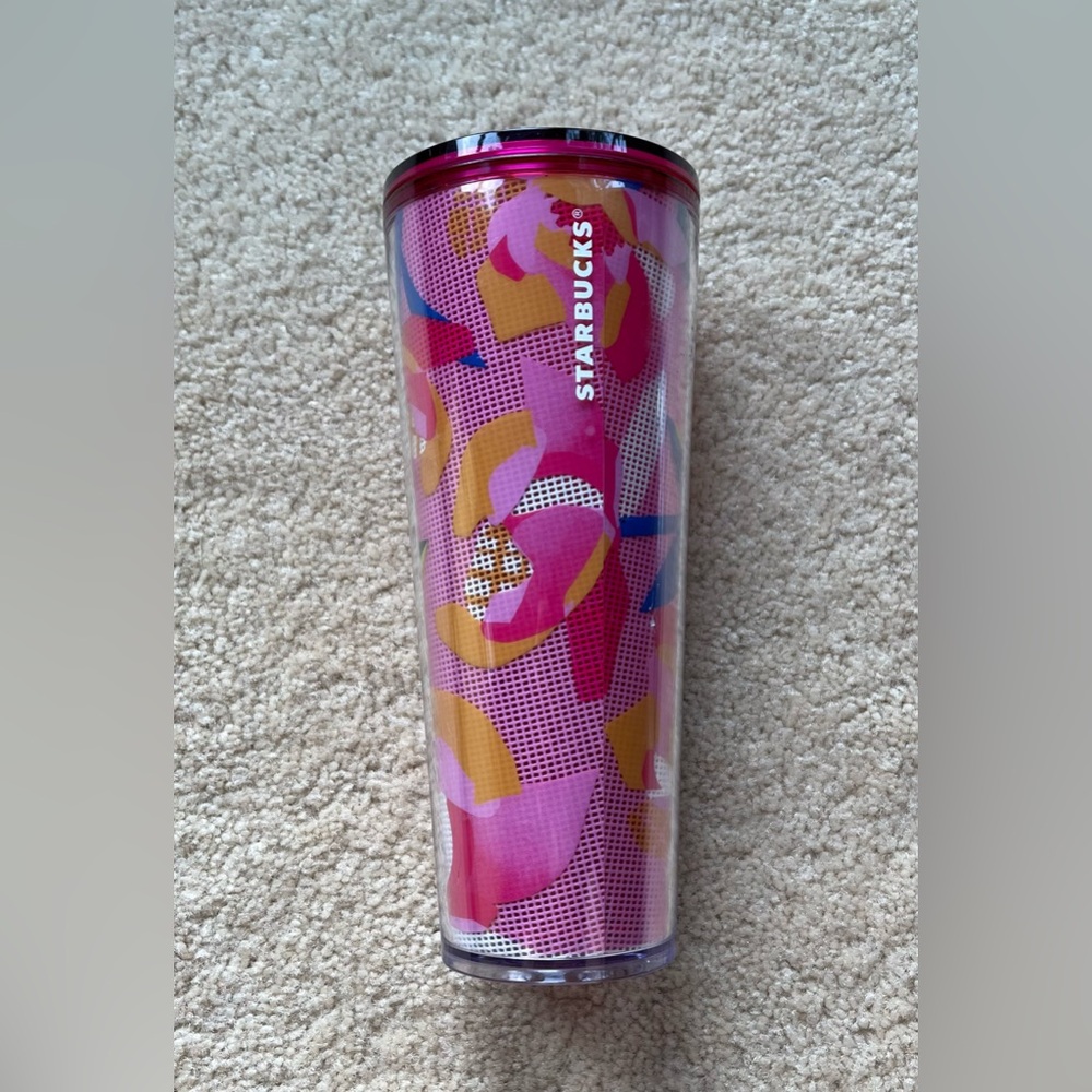 Starbucks Orange & Pink Floral 24 oz Plastic Cup Tumbler w/ Lid - EUC - No Straw